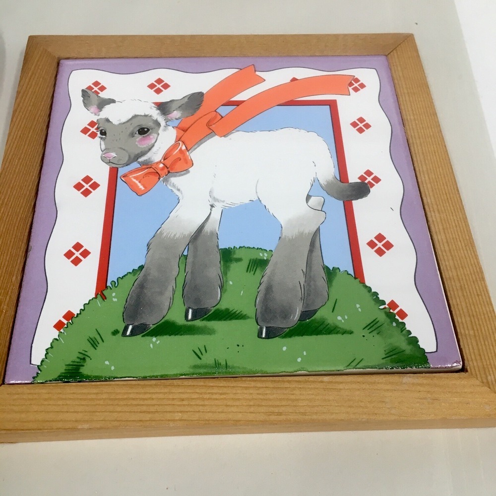 Vtg Vandor Ceramic Tile Wood Trivet Wall Plaque Hotplate Lamb Sheep 1982 Farm - Picture 2 of 7